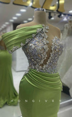 L2417 - Sexy Glitter Satin Trumpet One Shoulder Empire Beaded Ruched Party Prom Evening Dress