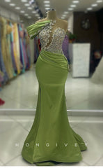 L2417 - Sexy Glitter Satin Trumpet One Shoulder Empire Beaded Ruched Party Prom Evening Dress