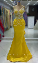 L2420 - Sexy Satin Trumpet V-Neck Sleeveless  Empire Sequined Beaded Party Prom Evening Dress