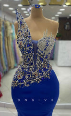 L2421 - Sexy Satin Trumpet Asymmetrical Sleeveless Empire Beaded Party Prom Evening Dress