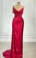 L2427 - Sexy Satin Fitted Bateau Sleeveless  Empire Ruched Beaded With Train Party Prom Evening Dress