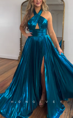 L2437 - Sexy Satin A-Line Halter Sleeveless Empire Illusion With Side Slit Train Party Prom Evening Dress