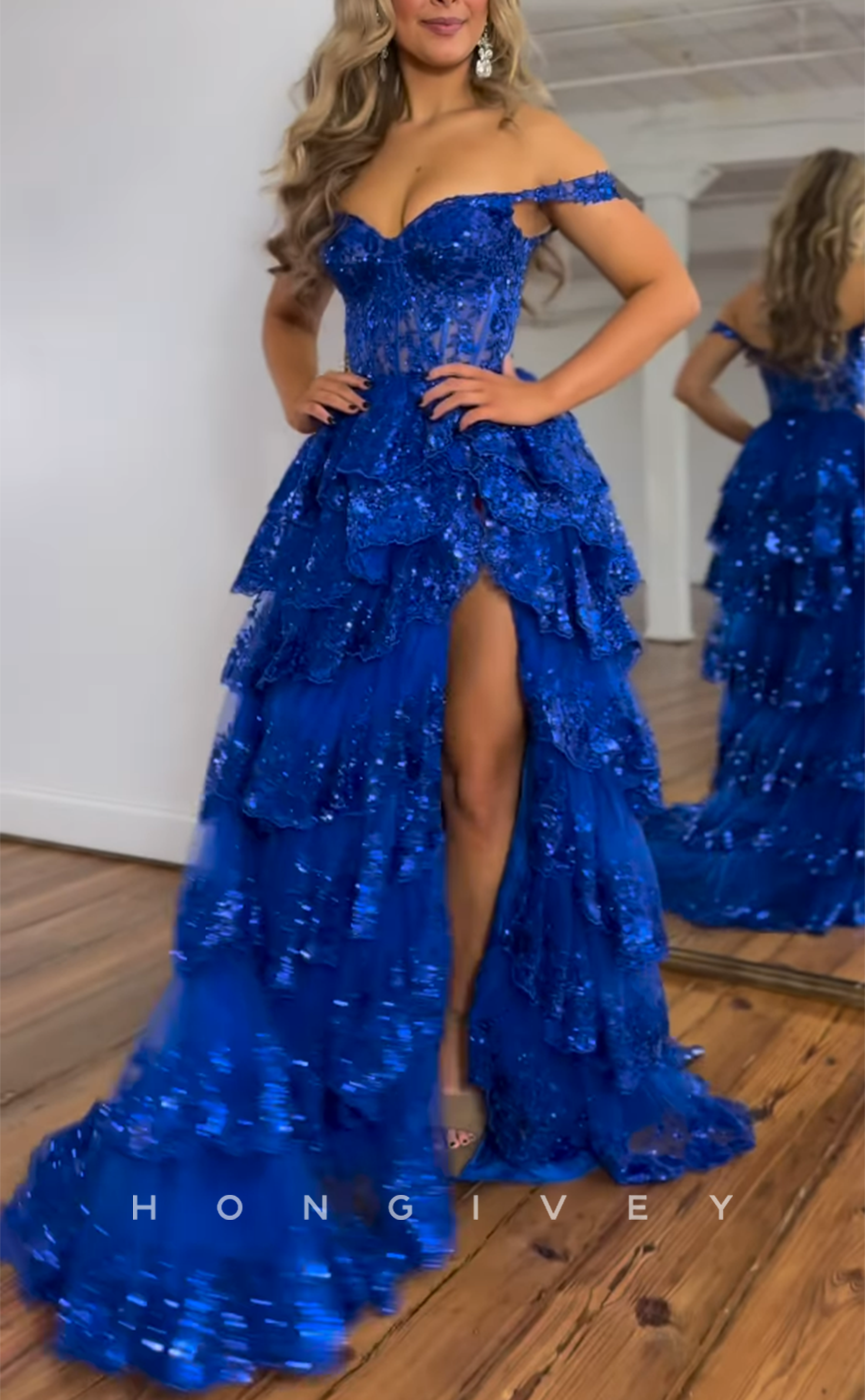 L2438 - Sexy Lace A-Line Off-Shoulder Empire Appliques Sequined With Side Slit Party Prom Evening Dress