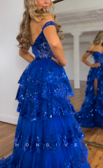 L2438 - Sexy Lace A-Line Off-Shoulder Empire Appliques Sequined With Side Slit Party Prom Evening Dress