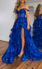 L2438 - Sexy Lace A-Line Off-Shoulder Empire Appliques Sequined With Side Slit Party Prom Evening Dress