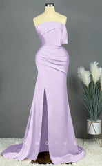 L2475 - Sexy Satin Trumpet One Shoulder Empire Ruched With Side Slit Train Party Prom Evening Dress