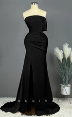 L2475 - Sexy Satin Trumpet One Shoulder Empire Ruched With Side Slit Train Party Prom Evening Dress