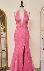 L2478 - Sexy Satin Trumpet V-Neck Halter Empire Sleeveless Appliques Beaded Party Prom Evening Dress
