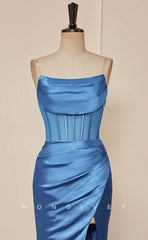 L2479 - Sexy Satin Trumpet Bateau Strapless Empire Pleats With Side Slit Train Party Prom Evening Dress