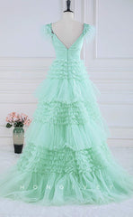 L2486 - Sexy Tulle A-Line Square Straps Appliques Empire Tiered Party Prom Evening Dress
