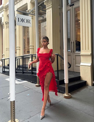 Red Chiffon Prom Dress Long Ruffle Party Dress Evening Dress SH895