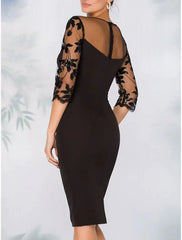 Sheath Cocktail Elegant Dress Fall Wedding Guest Dress Long Sleeve Black Dress Midi Dress Floral Embroidery Illusion Neck Mother of the Bride Dress