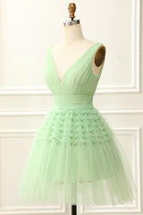 Dusty Sage Tulle V-Neck Tiered Short Party Dress with Ruffles