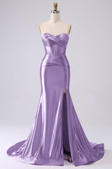 Sparkly Fuchsia Mermaid Sweetheart Corset Long Prom Dress with Slit