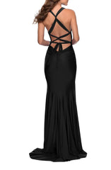 Elegant off shoulder and floor length front slit with open back strap for evening dressing