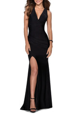 Elegant off shoulder and floor length front slit with open back strap for evening dressing