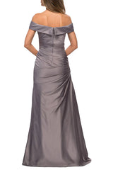 Off shoulder satin pleats elegant mother of the bride dress