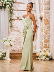Spaghetti Straps Sheath Soft Satin Dresses with Side Slit Dusty Sage
