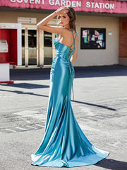 Pleated Corset Bodice Fitted Satin Gown Teal