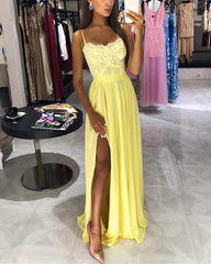 Lace Appliques Long Chiffon Prom Dresses Leg Slit Evening Gowns