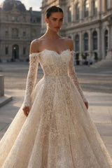 Glitter Lace Ball Gown Wedding Dress with Sleeves Off-the-Shoulder Sweetheart Corset Bridal Gown