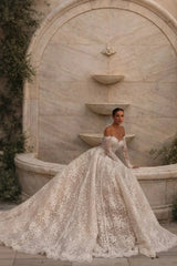 Glitter Lace Ball Gown Wedding Dress with Sleeves Off-the-Shoulder Sweetheart Corset Bridal Gown