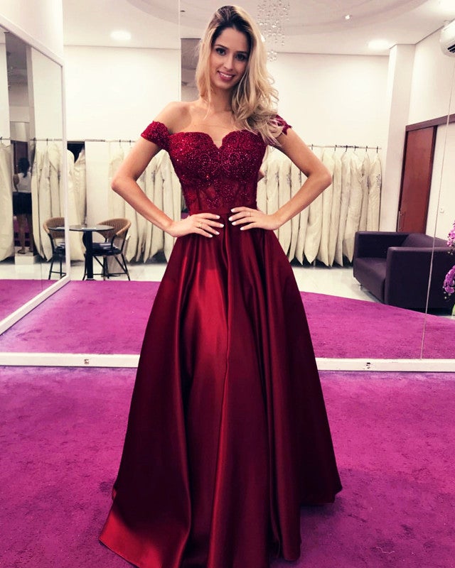 Lace Beaded Corset Prom Satin Dresses Off Shoulder Formal Gowns