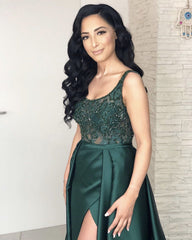 Long Satin Split Dresses Sheer Lace Beaded Top