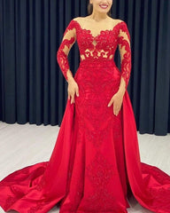 Lace Embroidery Prom Dresses Mermaid Long Sleeves Satin Sweep Train