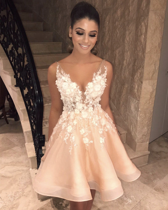 Elegant V Neck Organza Homecoming Dresses Floral Lace Embroidery