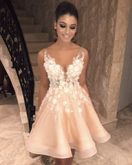 Elegant V Neck Organza Homecoming Dresses Floral Lace Embroidery