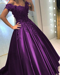 Lace Flower Off The Shoulder Satin Prom Dresses Ball Gowns