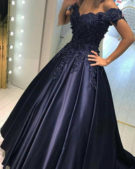 Lace Flower Off The Shoulder Satin Prom Dresses Ball Gowns