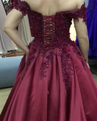 Lace Flower Off The Shoulder Satin Prom Dresses Ball Gowns