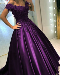 Lace Flower Off The Shoulder Satin Prom Dresses Ball Gowns