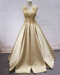 Lace Flowers Beaded Satin Ball Gown Prom Dresses