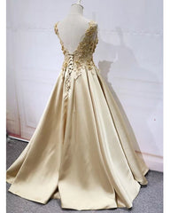 Lace Flowers Beaded Satin Ball Gown Prom Dresses