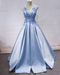 Lace Flowers Beaded Satin Ball Gown Prom Dresses