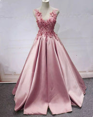 Lace Flowers Beaded Satin Ball Gown Prom Dresses
