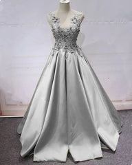 Lace Flowers Beaded Satin Ball Gown Prom Dresses