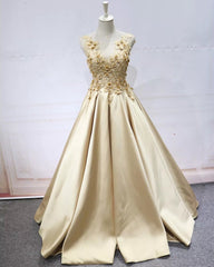 Lace Flowers Beaded Satin Ball Gown Prom Dresses