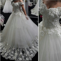 Lace Flowers Off Shoulder Tulle Ball Gown Wedding Dresses