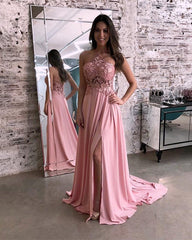 Lace Halter Long Chiffon Prom Dresses Leg Split