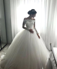 Lace Long Sleeves Tulle Ball Gowns Wedding Dresses Off The Shoulder