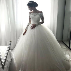 Lace Long Sleeves Tulle Ball Gowns Wedding Dresses Off The Shoulder
