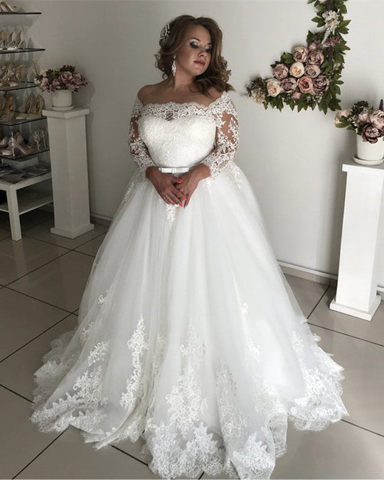 A line Lace Long Sleeves Plus Size Wedding Dresses Illusion Tulle Bridal Gown