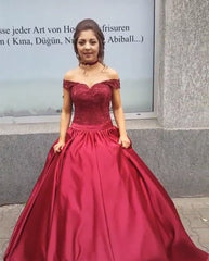 Lace Off Shoulder Burgundy Satin Wedding Dress Ball Gown