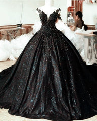 Lace Pearl Beaded V Neck Off Shoulder Ball Gowns