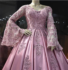 Lace Puffy Sleeves Satin Ball Gown V-neck Dress