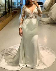 Lace Sleeves Mermaid Wedding Dress Satin